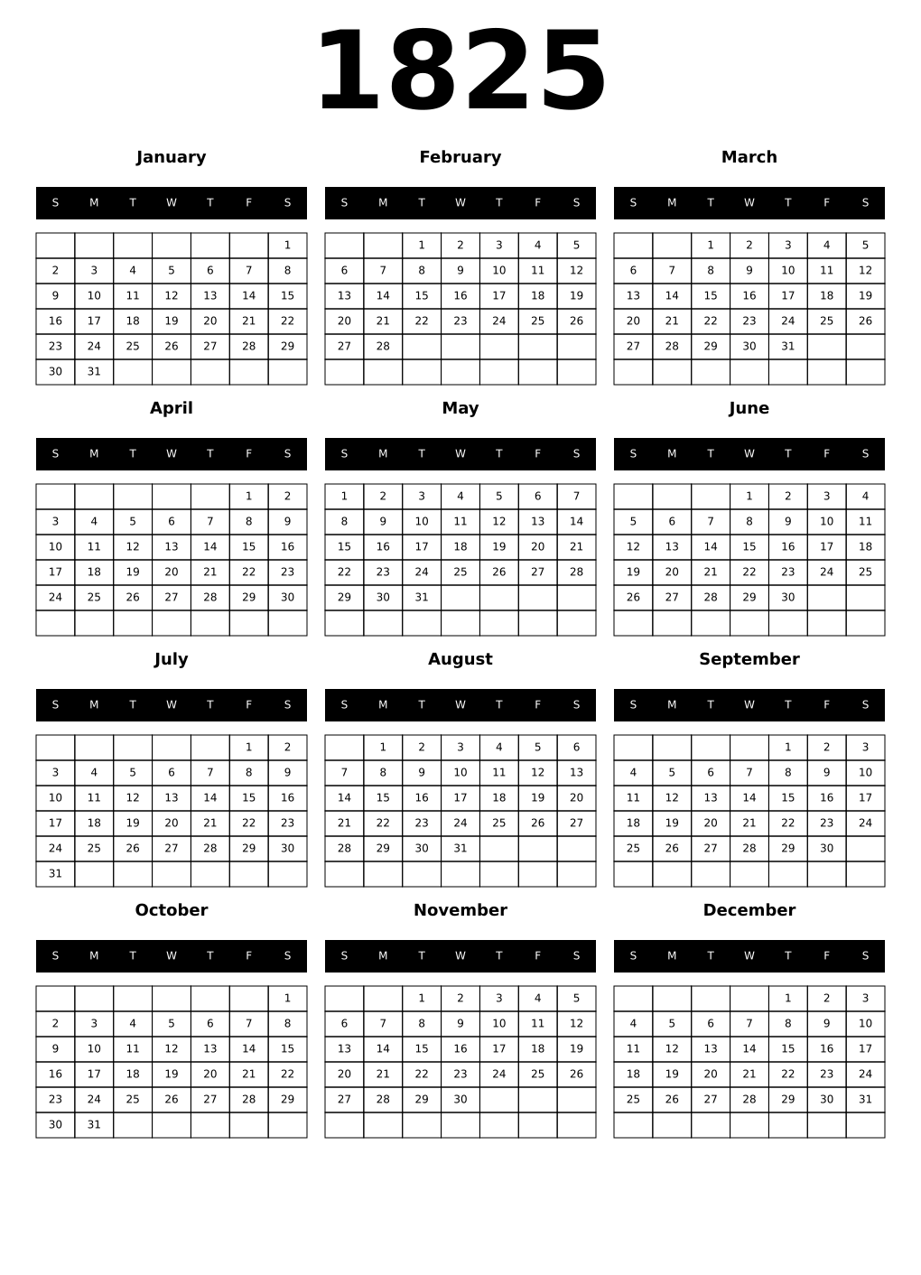 Printable 1825 Calendars