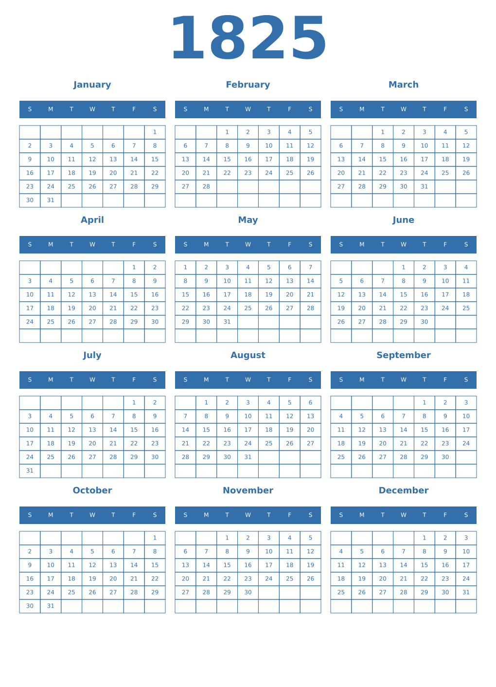 Printable 1825 Year Calendars blue