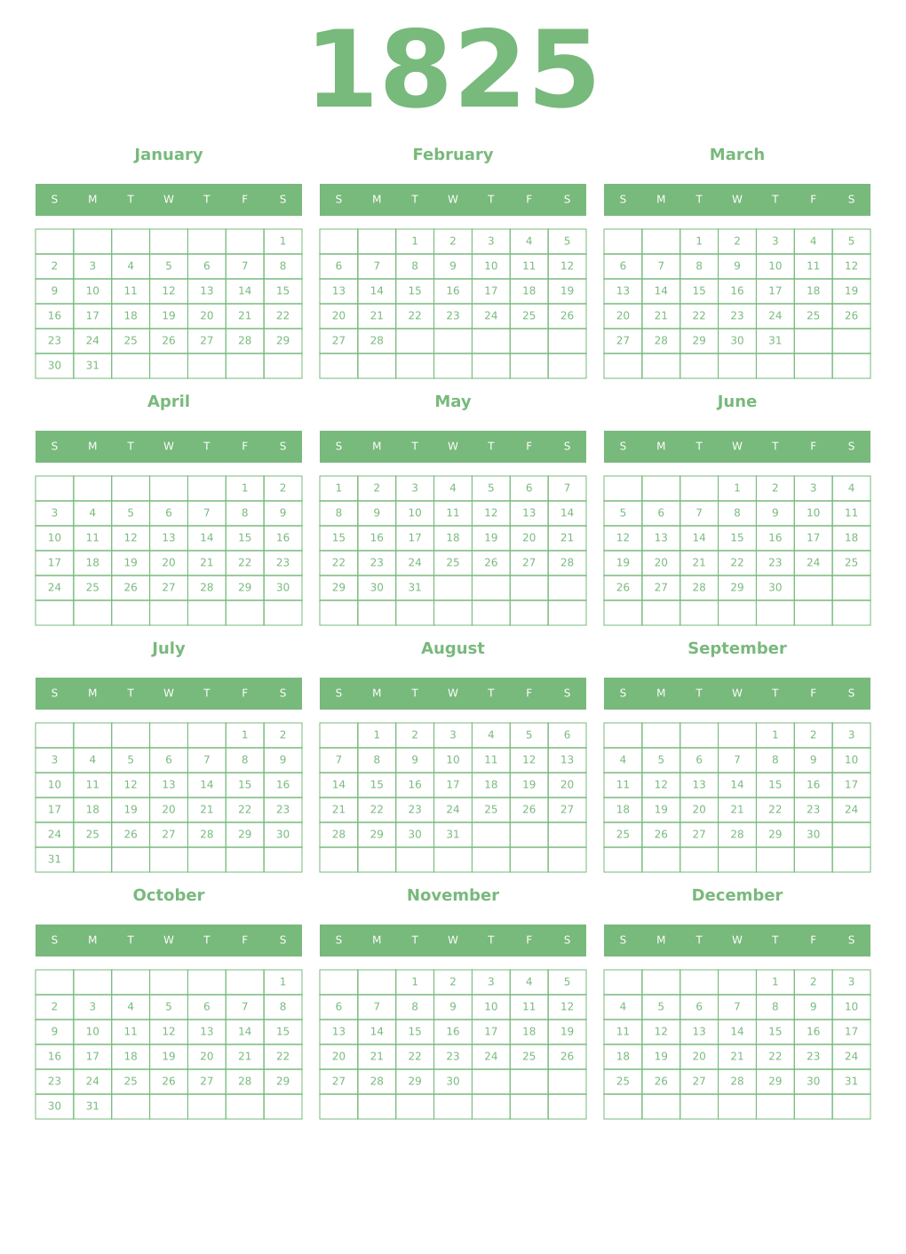 Printable 1825 Year Calendars celadon