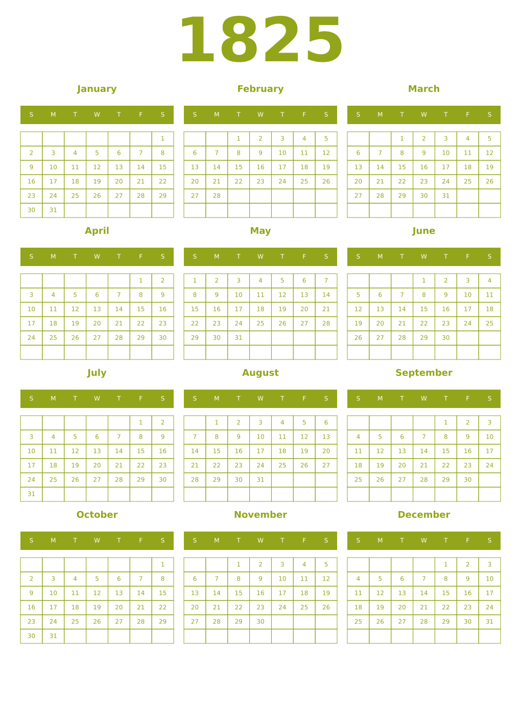 Printable 1825 Year Calendars chartreuse