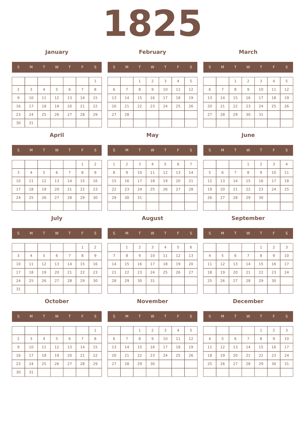 Printable 1825 Year Calendars coffe