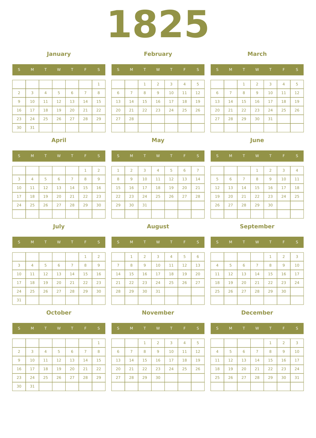 Printable 1825 Year Calendars eburnean