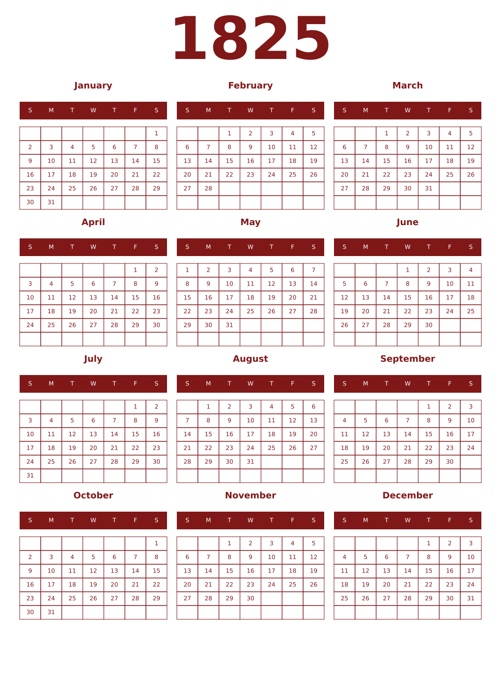 Printable 1825 Year Calendars falu