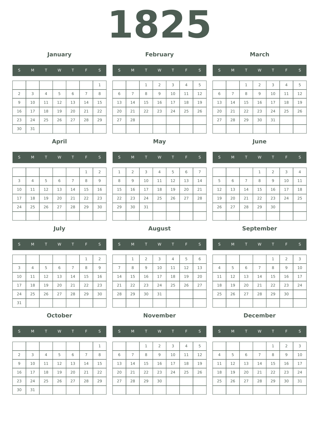Printable 1825 Year Calendars feldgrau