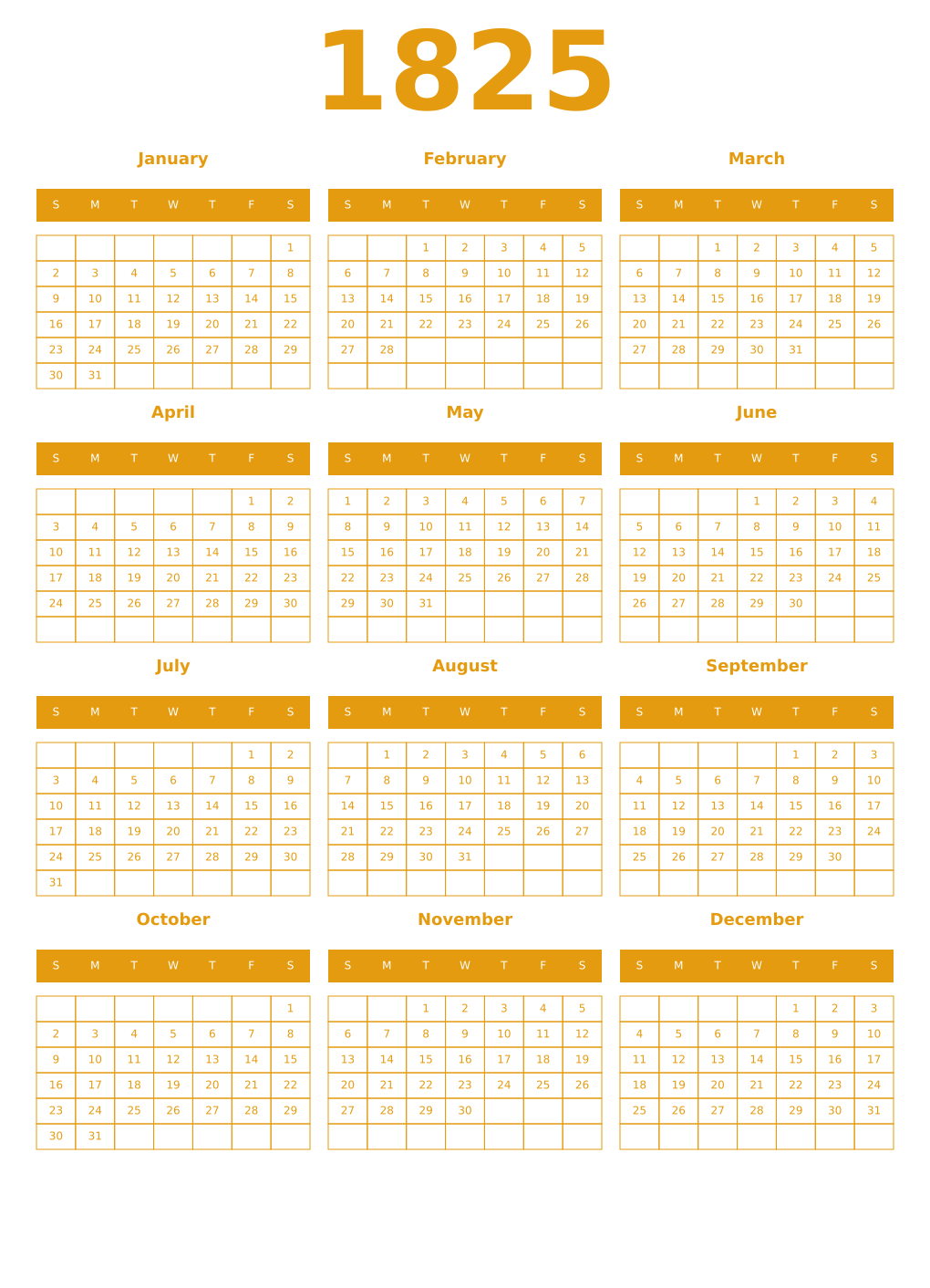 Printable 1825 Year Calendars gamboge
