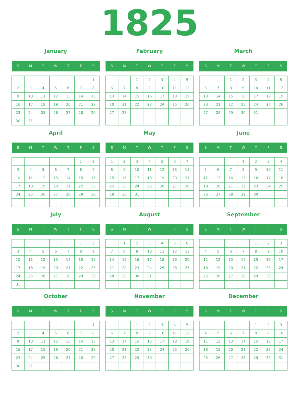 Printable 1825 Year Calendars green