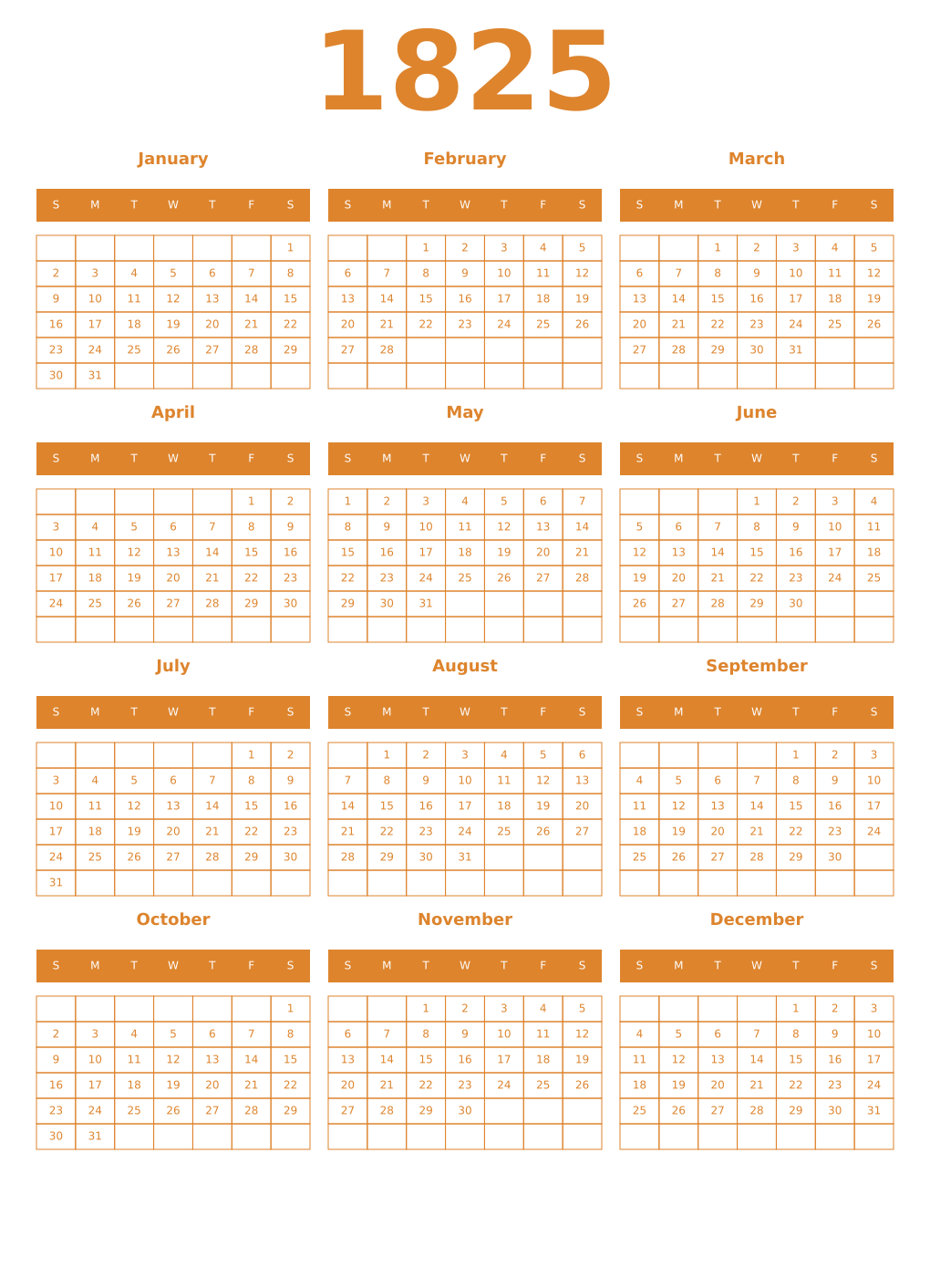 Printable 1825 Year Calendars orange