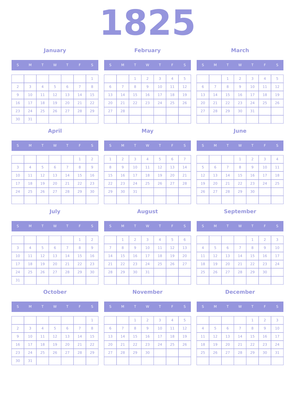 Printable 1825 Year Calendars periwinkle