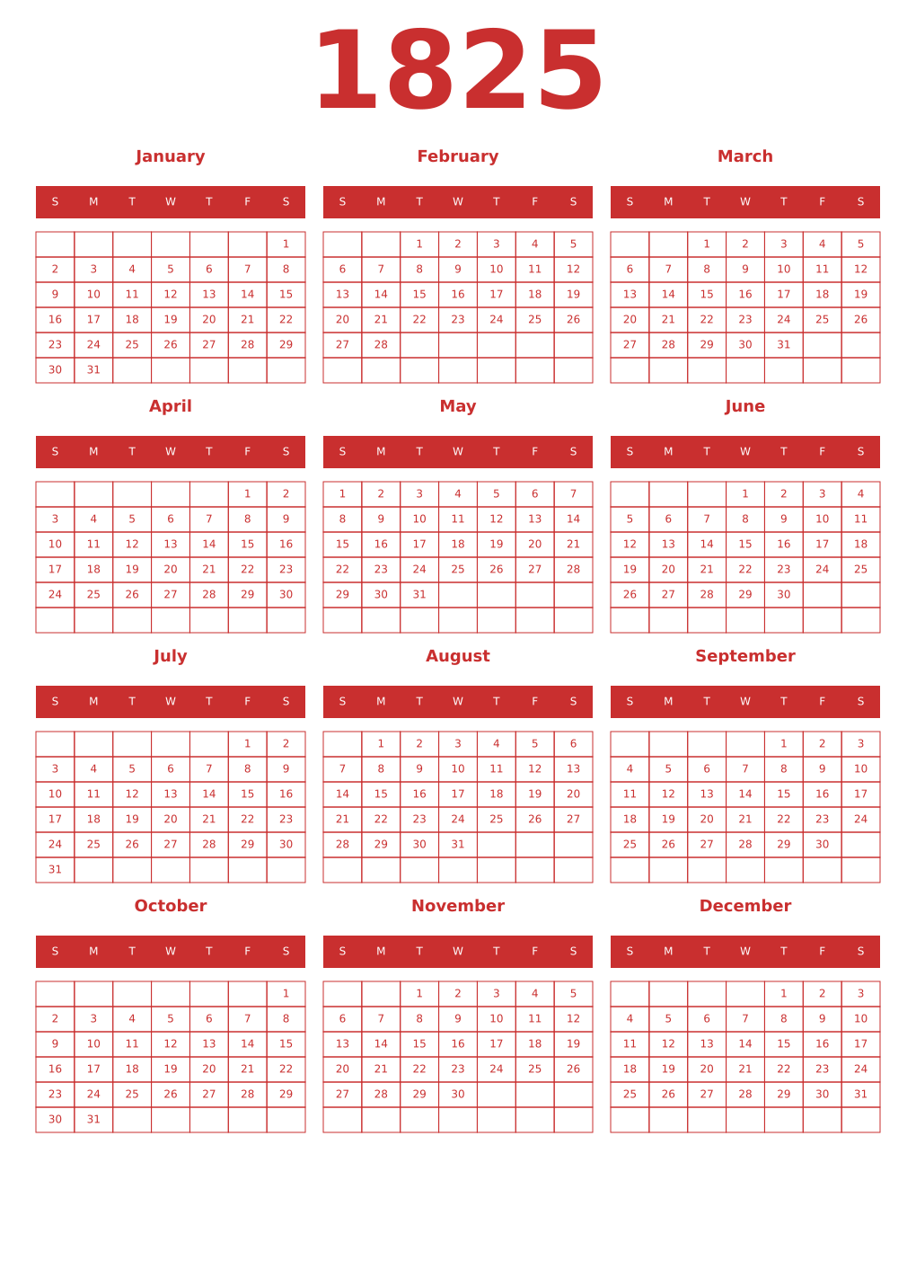 Printable 1825 Year Calendars red