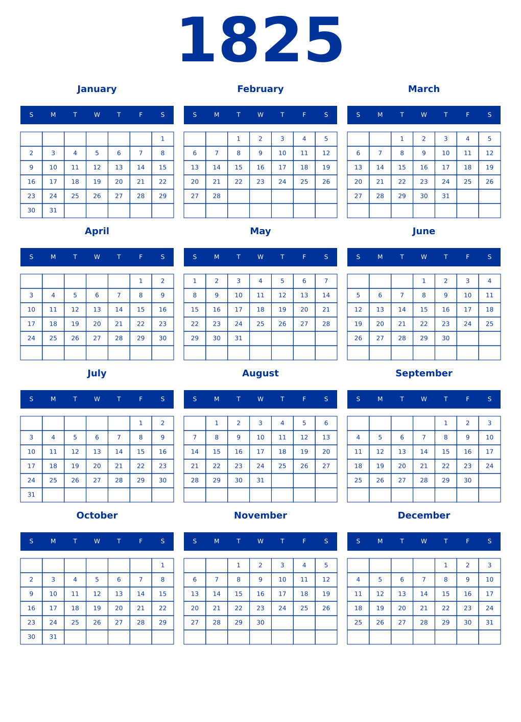 Printable 1825 Year Calendars smalt