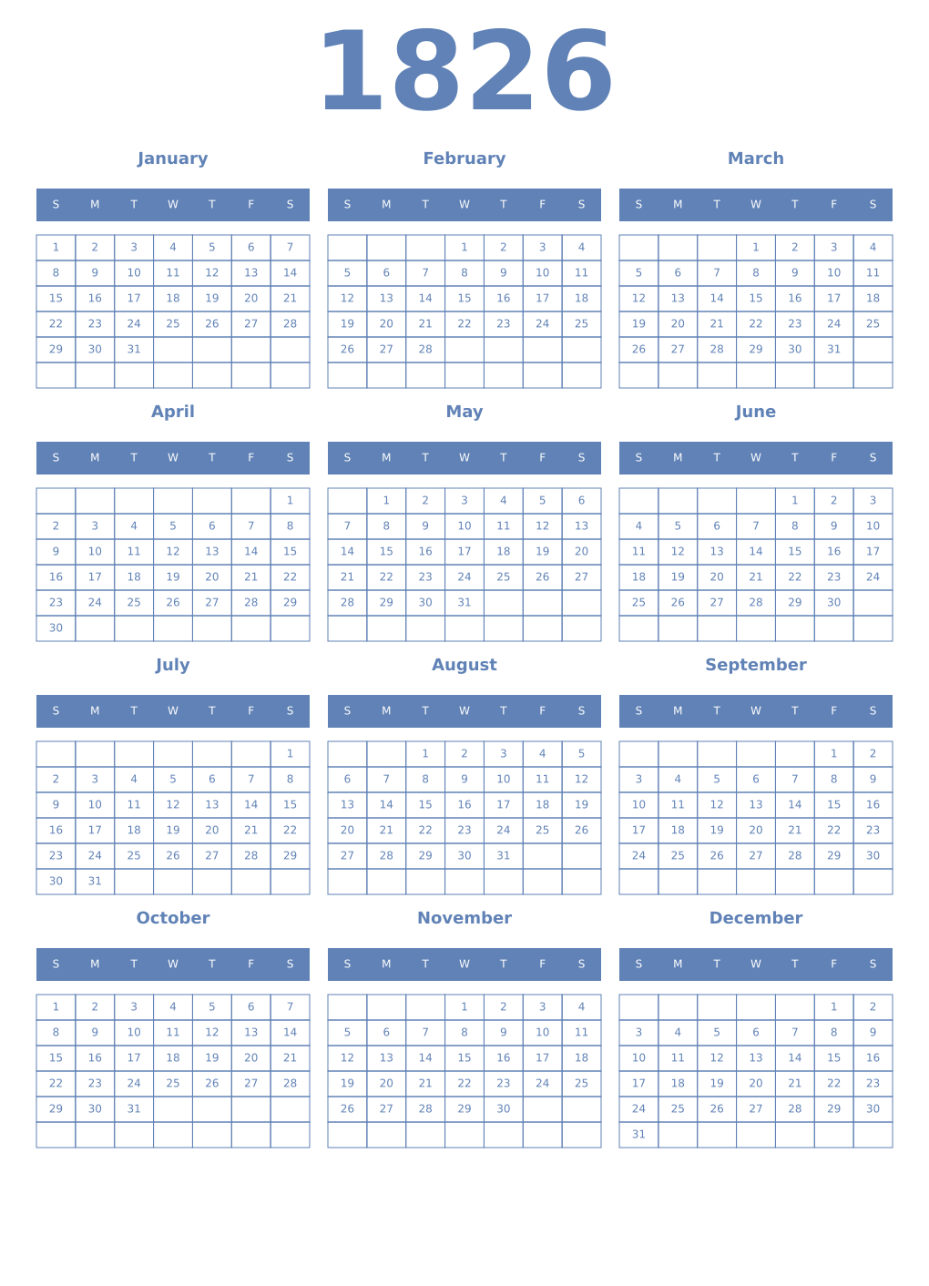 Printable 1826 Year Calendars glaucous