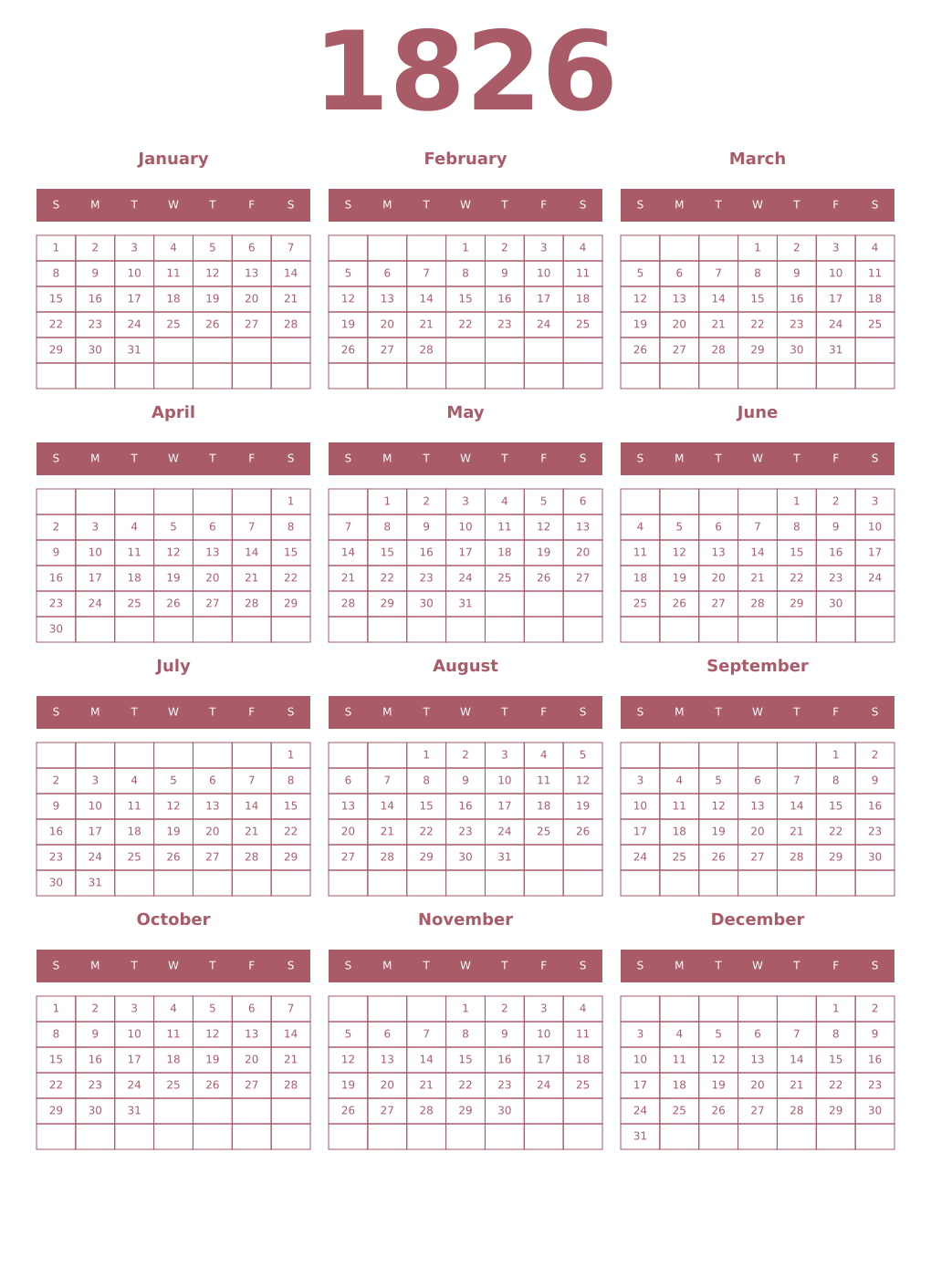 Printable 1826 Year Calendars puce