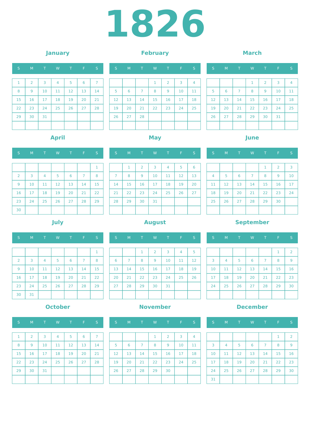 Printable 1826 Year Calendars verdigris