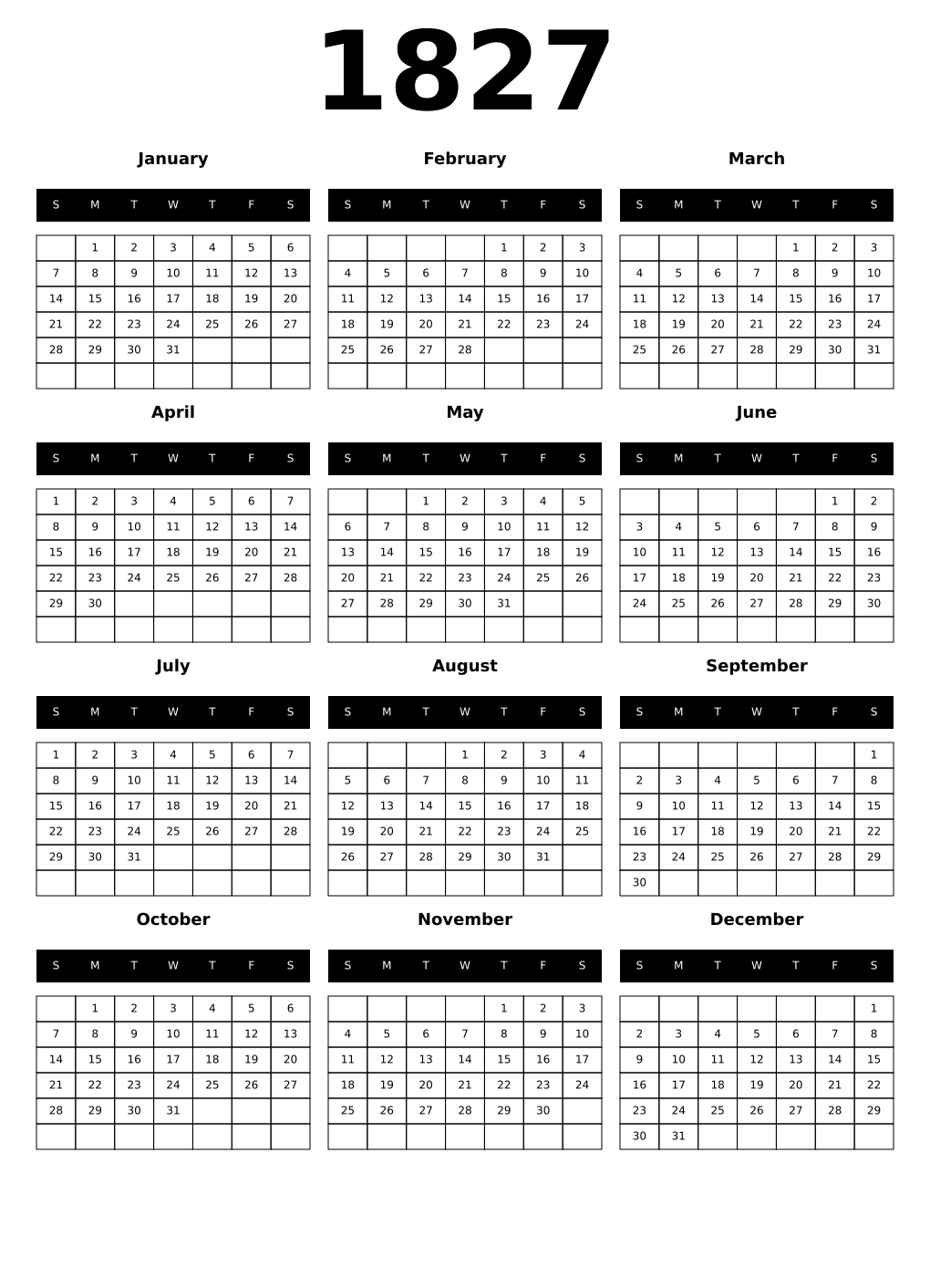 Printable 1827 Calendars