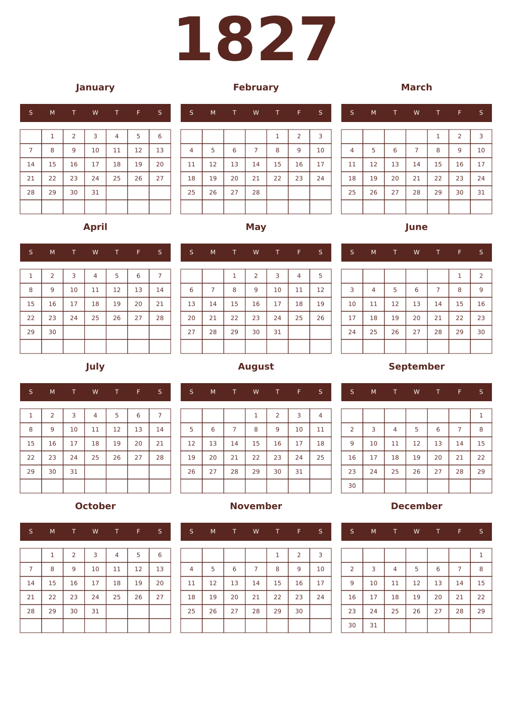 Printable 1827 Year Calendars mortuum
