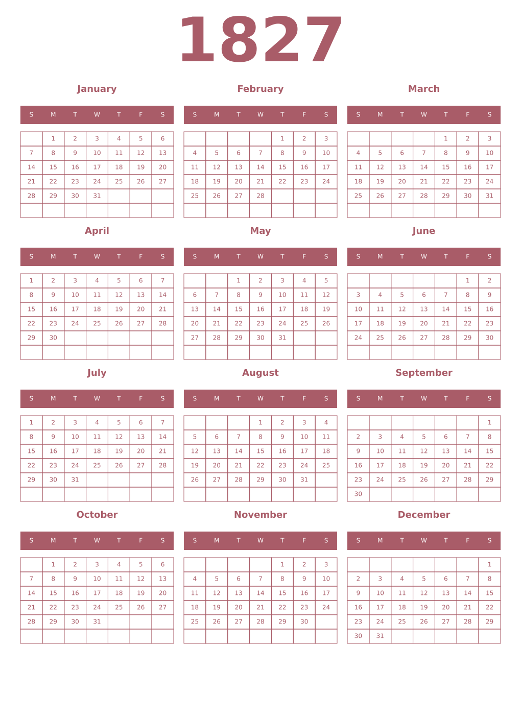 Printable 1827 Year Calendars puce