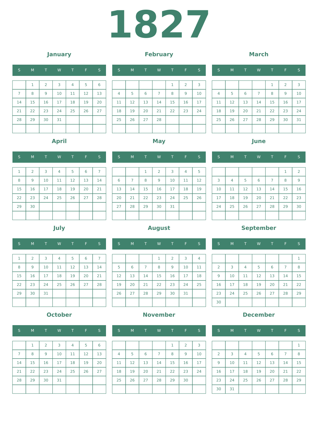 Printable 1827 Year Calendars viridian