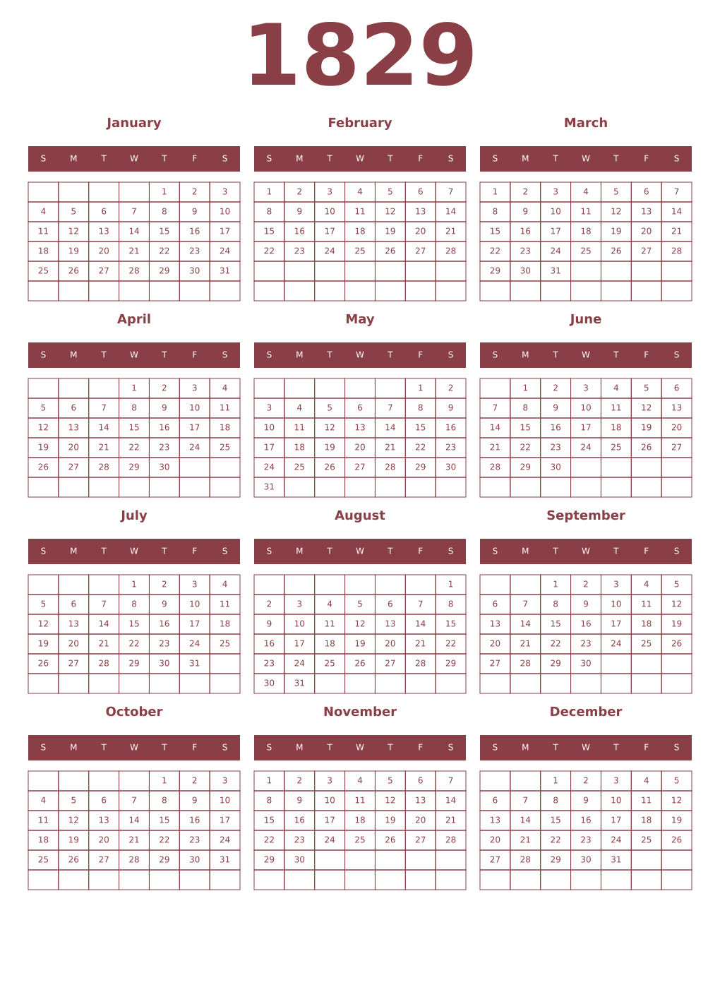 Printable 1829 Year Calendars cordovan