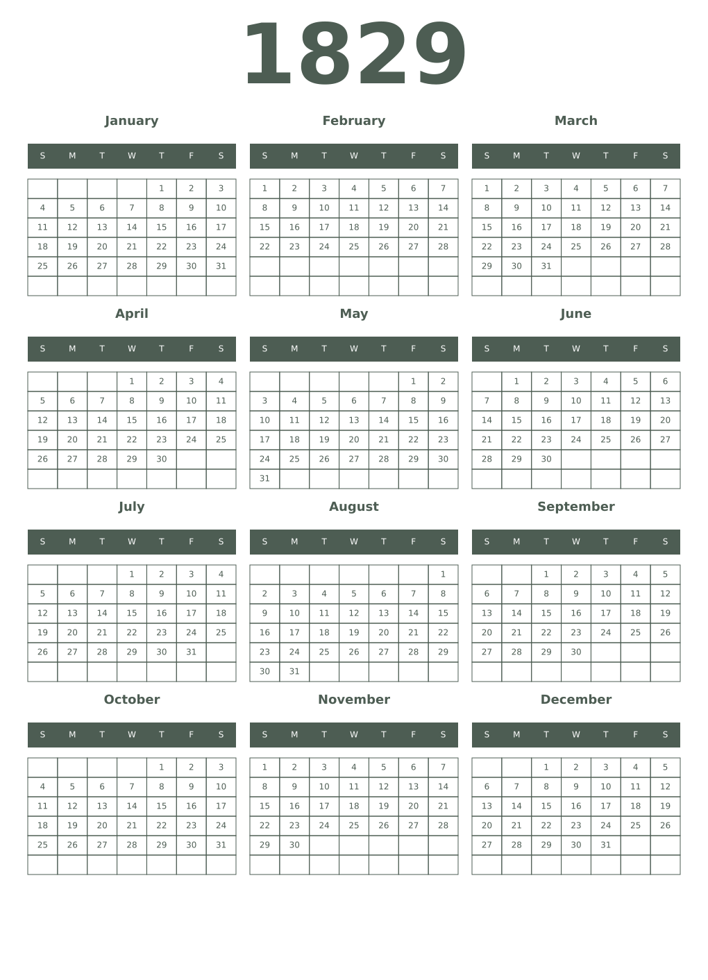 Printable 1829 Year Calendars feldgrau