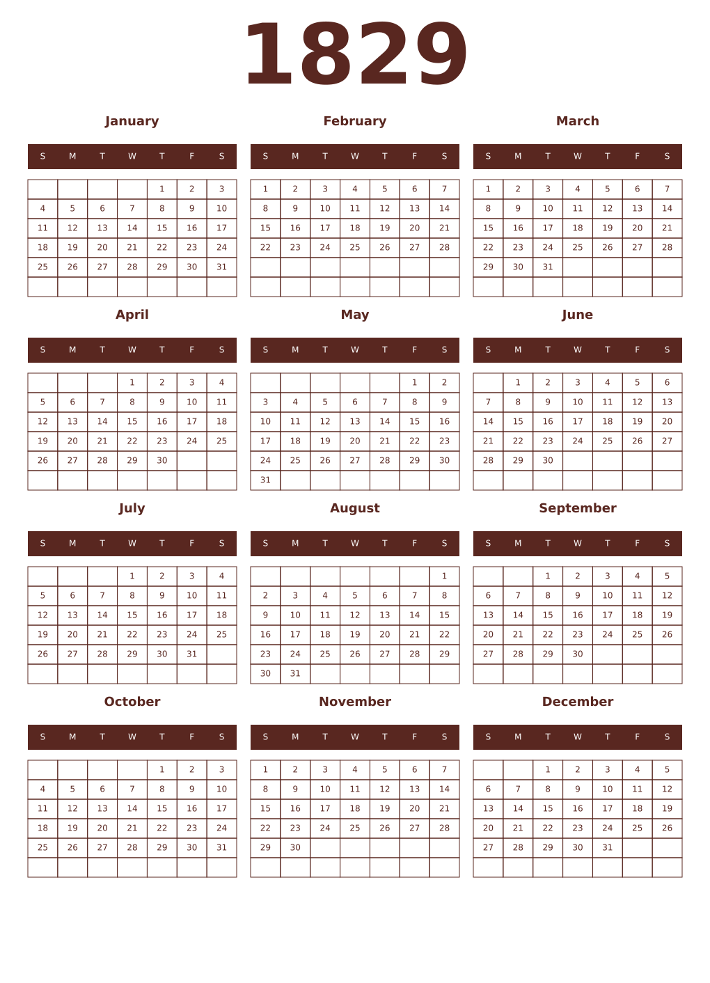 Printable 1829 Year Calendars mortuum