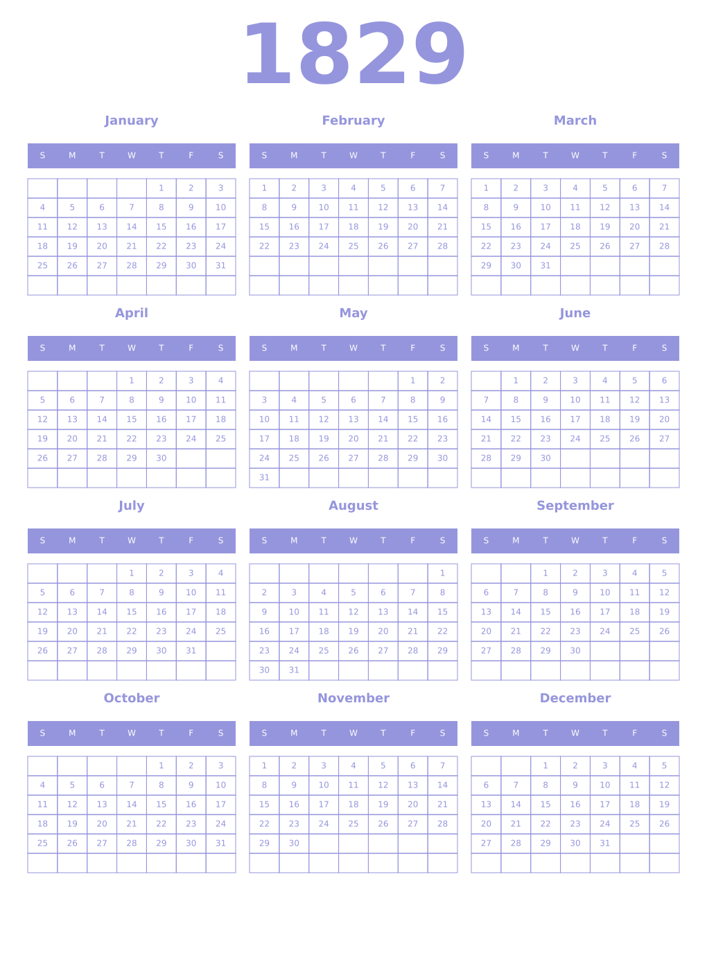 Printable 1829 Year Calendars periwinkle