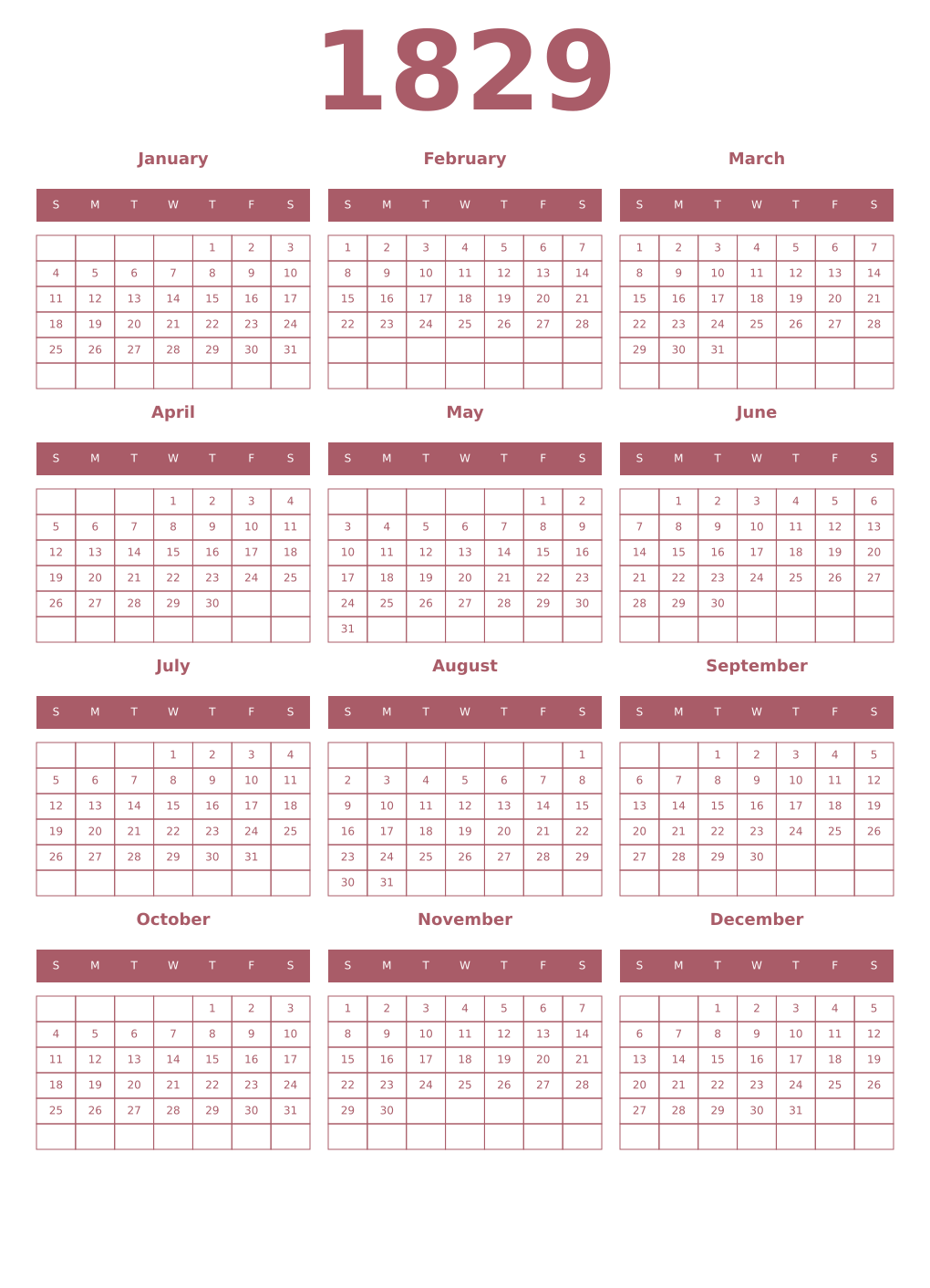 Printable 1829 Year Calendars puce