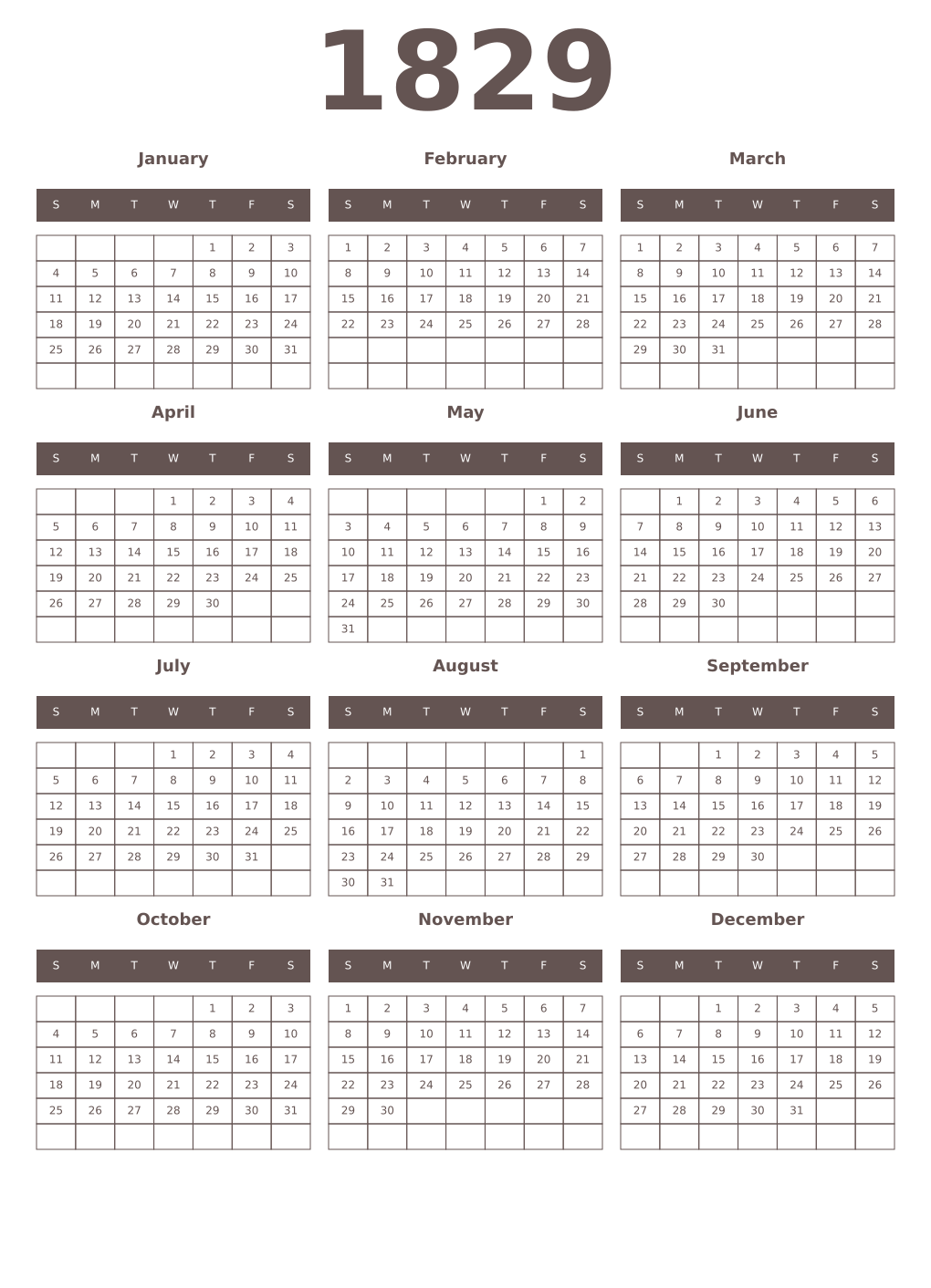 Printable 1829 Year Calendars wenge