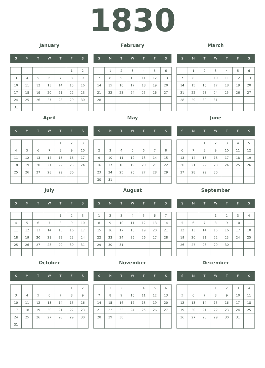 Printable 1830 Year Calendars feldgrau