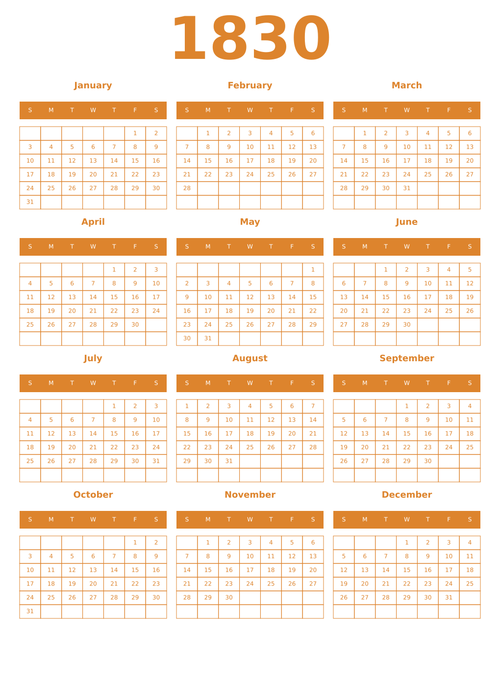 Printable 1830 Year Calendars orange