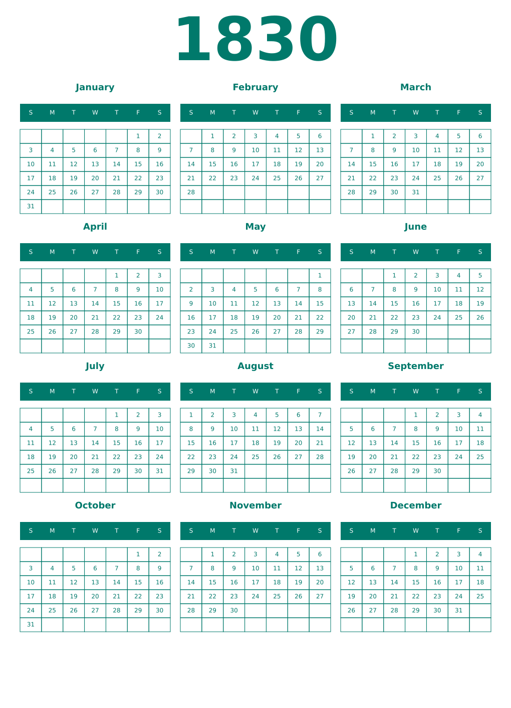 Printable 1830 Year Calendars pastel
