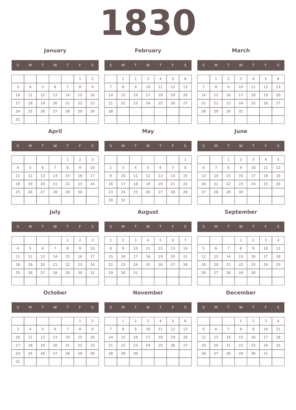 Printable 1830 Year Calendars wenge