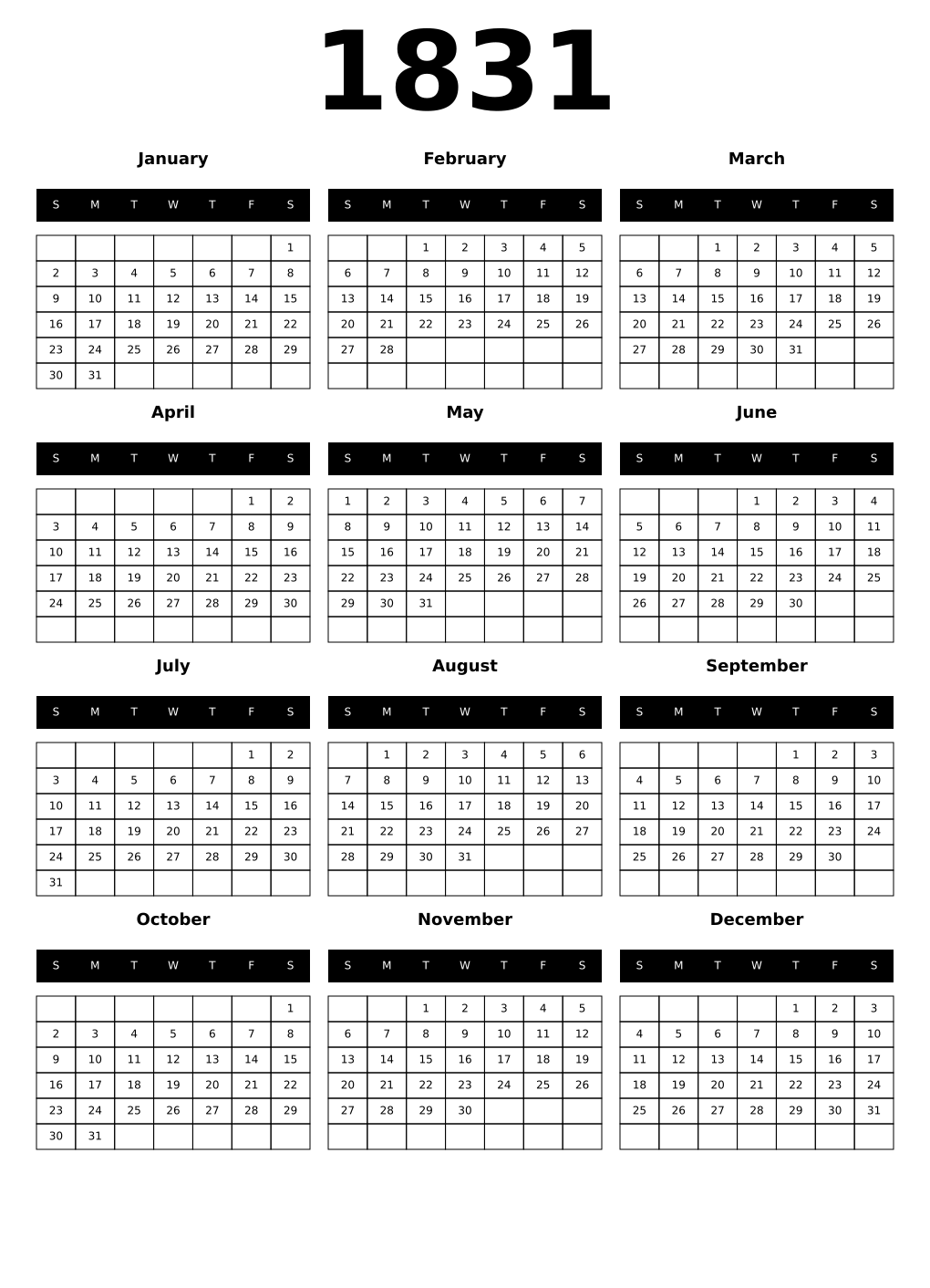 Printable 1831 Calendars