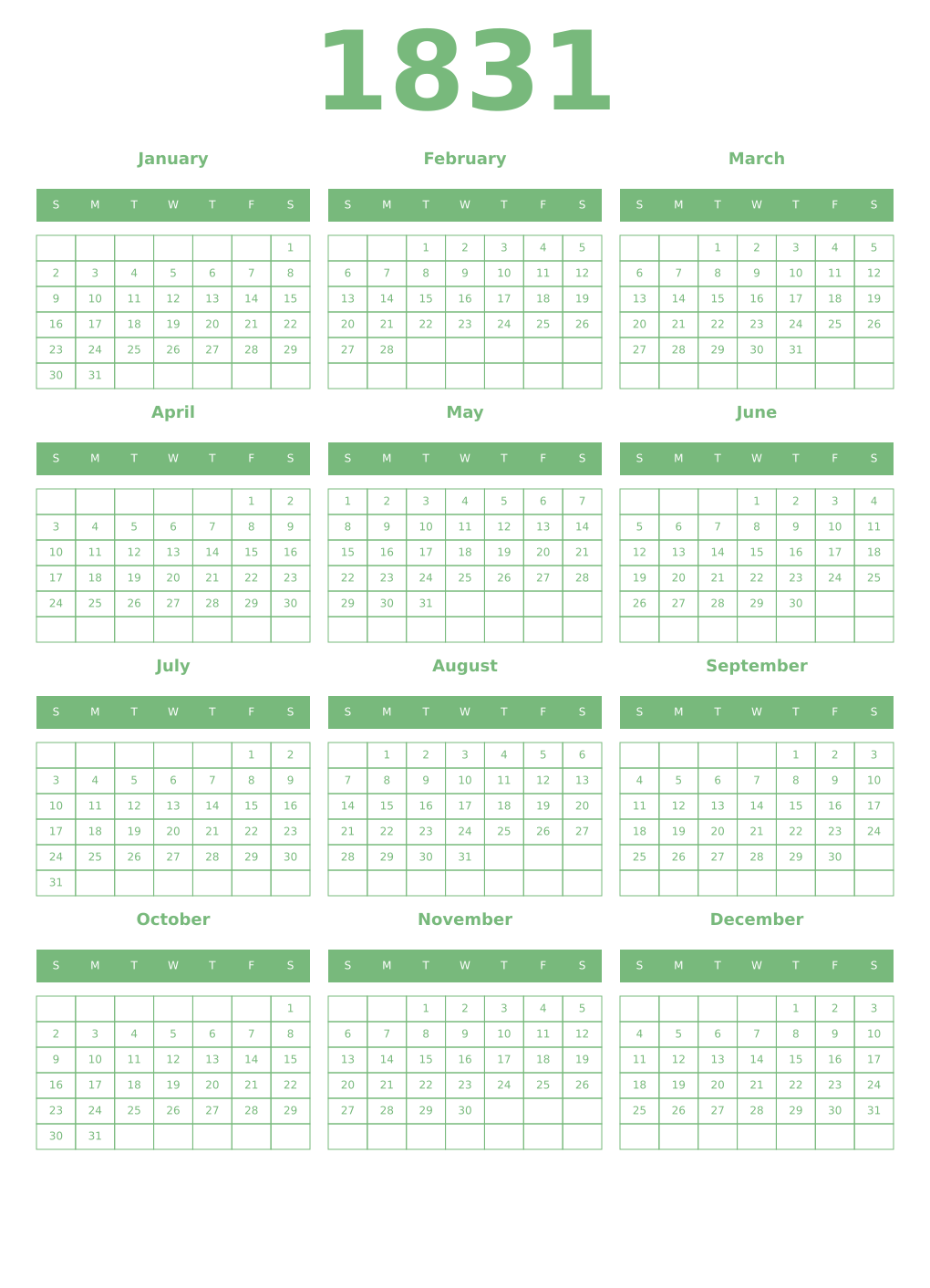 Printable 1831 Year Calendars celadon