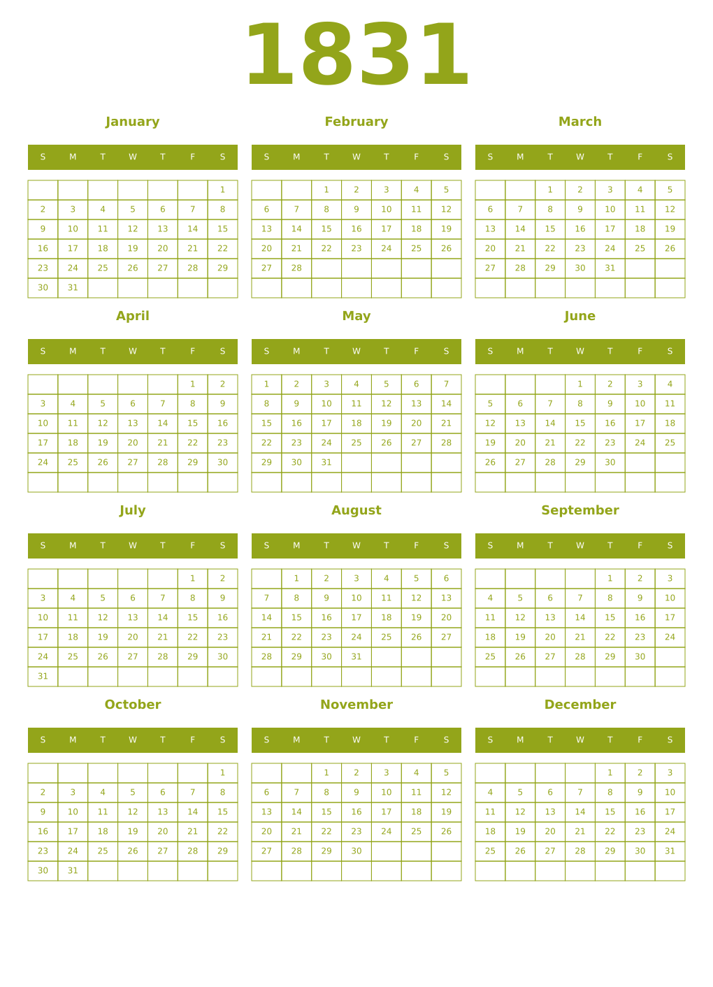 Printable 1831 Year Calendars chartreuse