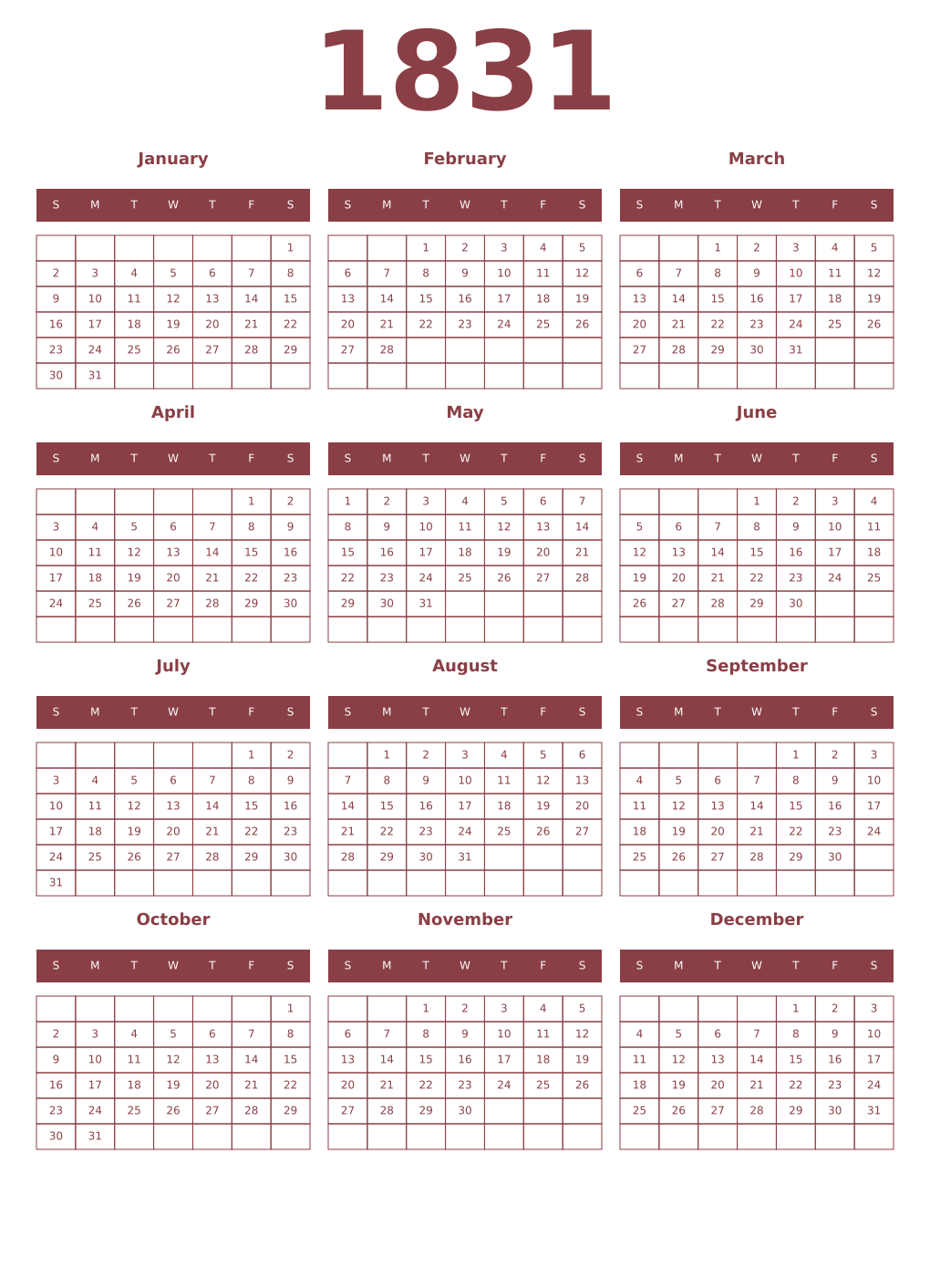 Printable 1831 Year Calendars cordovan