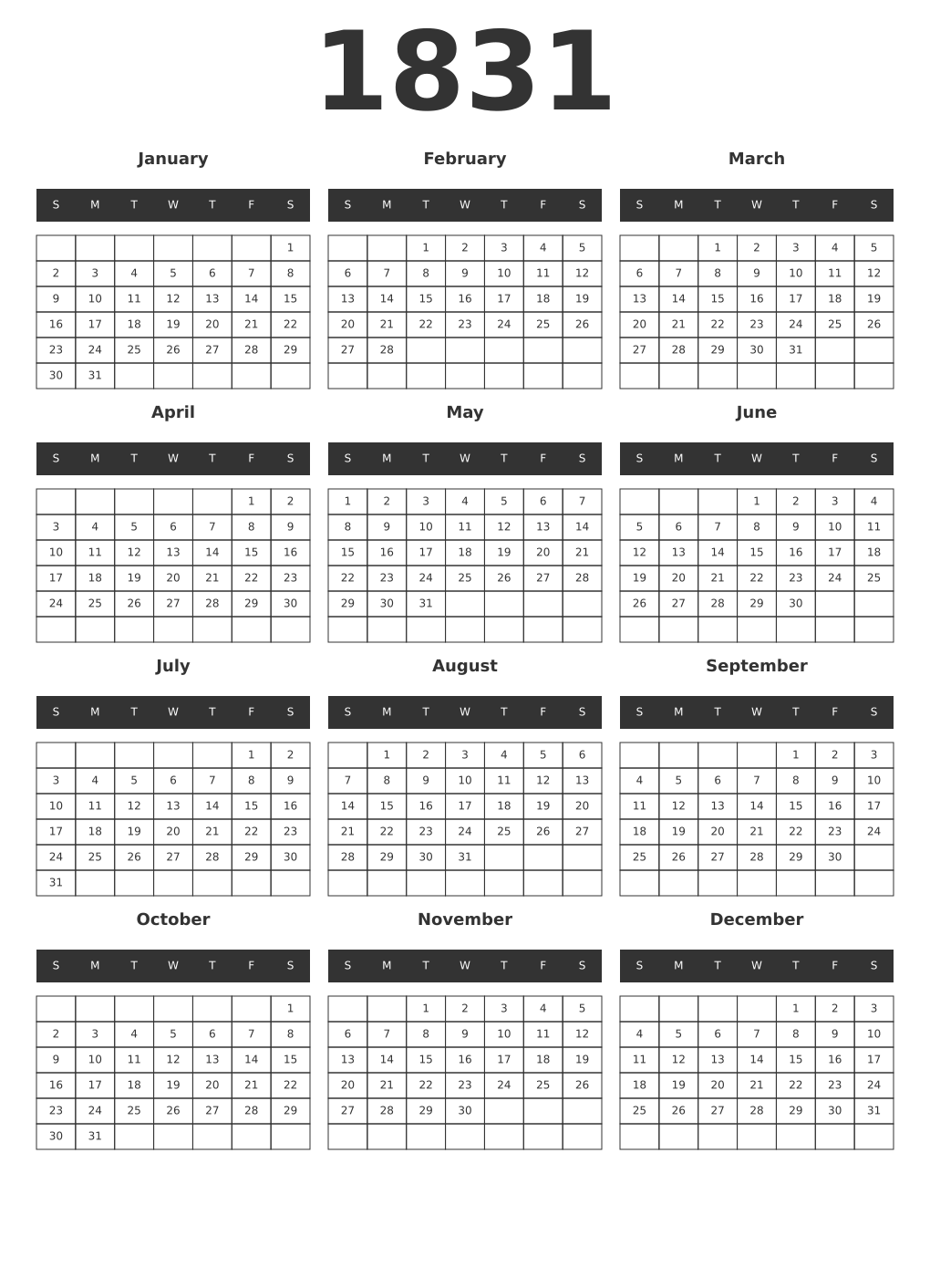 Printable 1831 Year Calendars dark