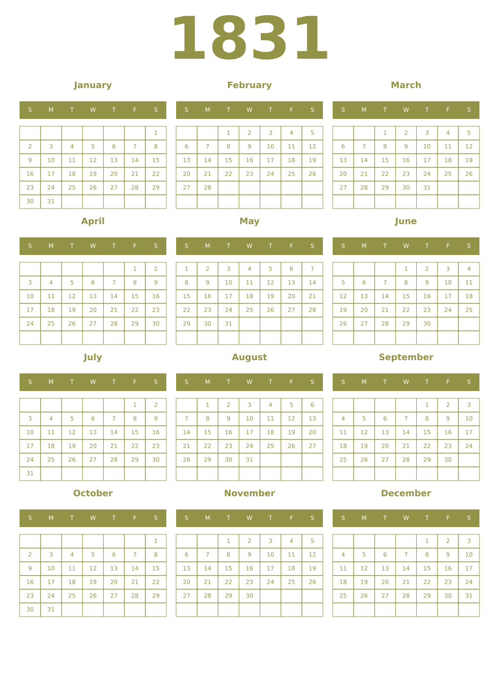 Printable 1831 Year Calendars eburnean