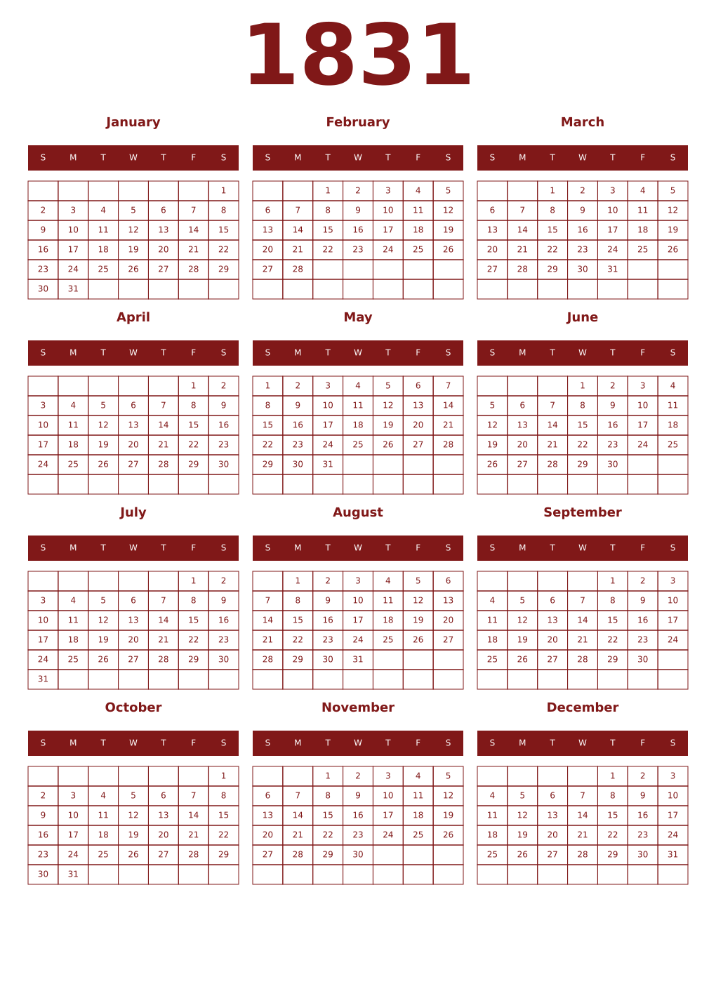Printable 1831 Year Calendars falu