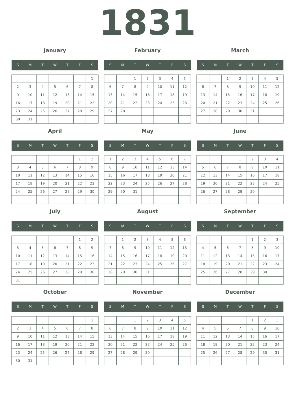 Printable 1831 Year Calendars feldgrau