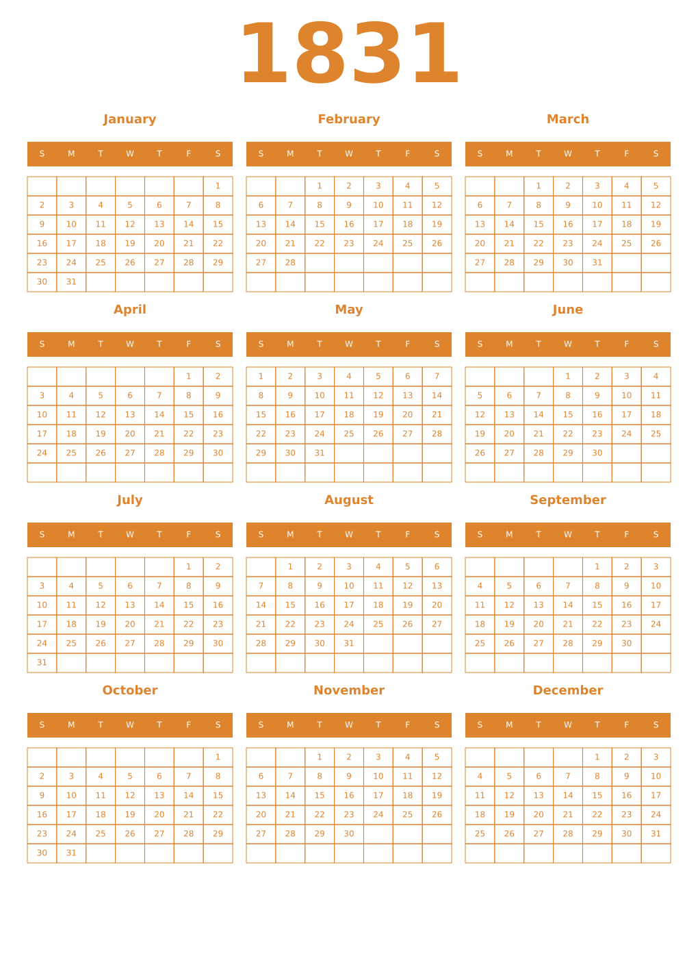 Printable 1831 Year Calendars orange