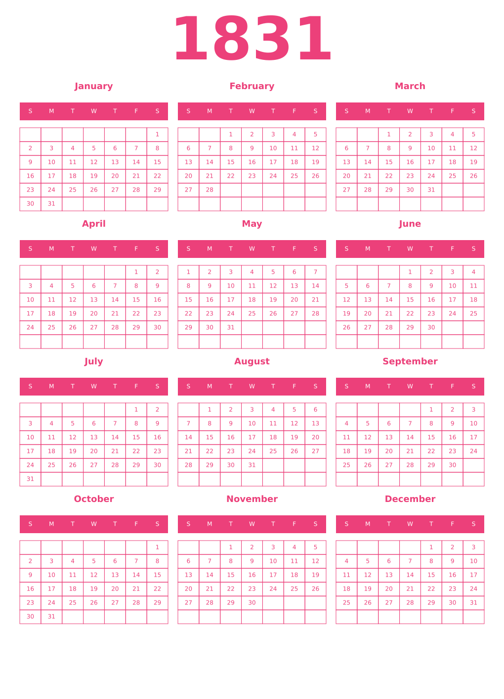 Printable 1831 Year Calendars pink