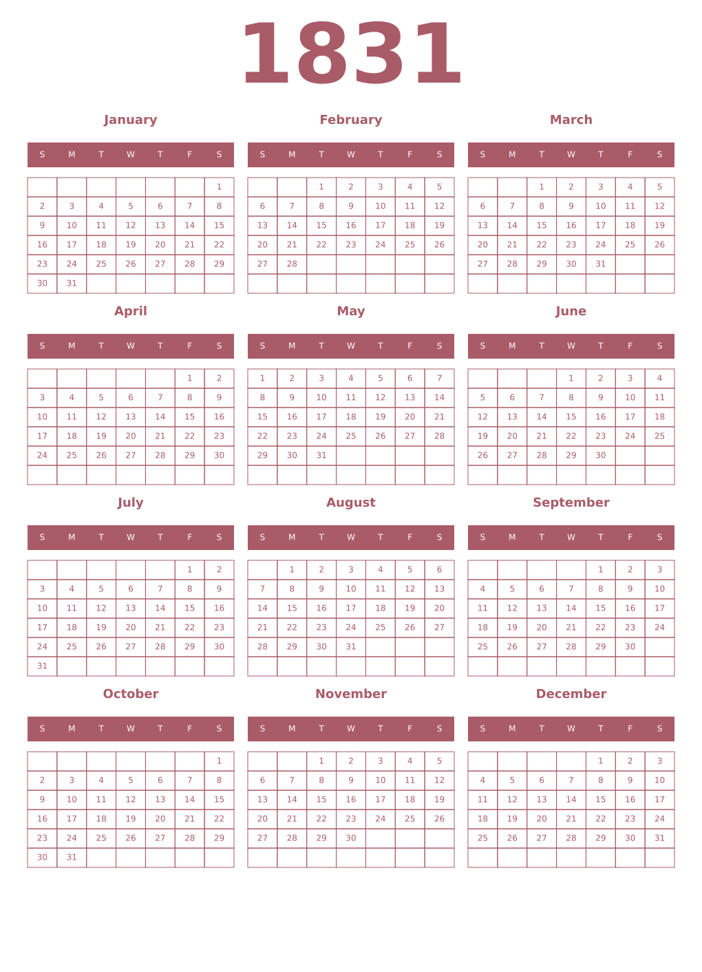 Printable 1831 Year Calendars puce