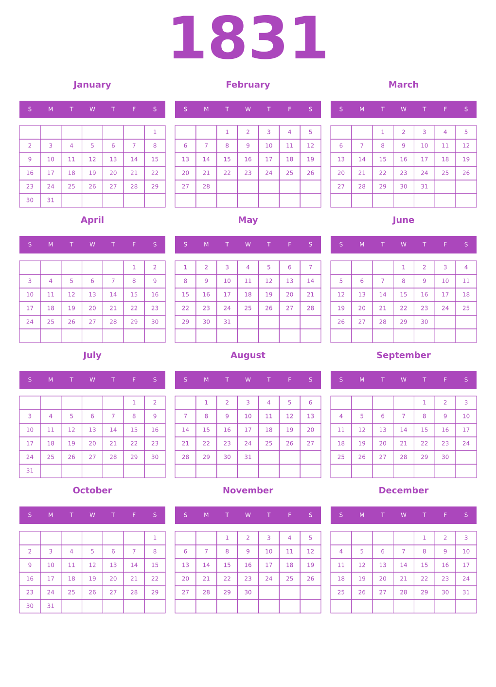 Printable 1831 Year Calendars purple