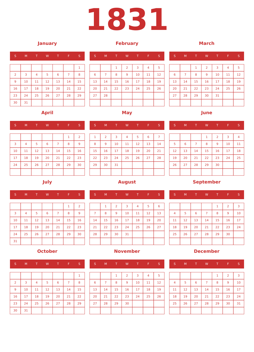Printable 1831 Year Calendars red