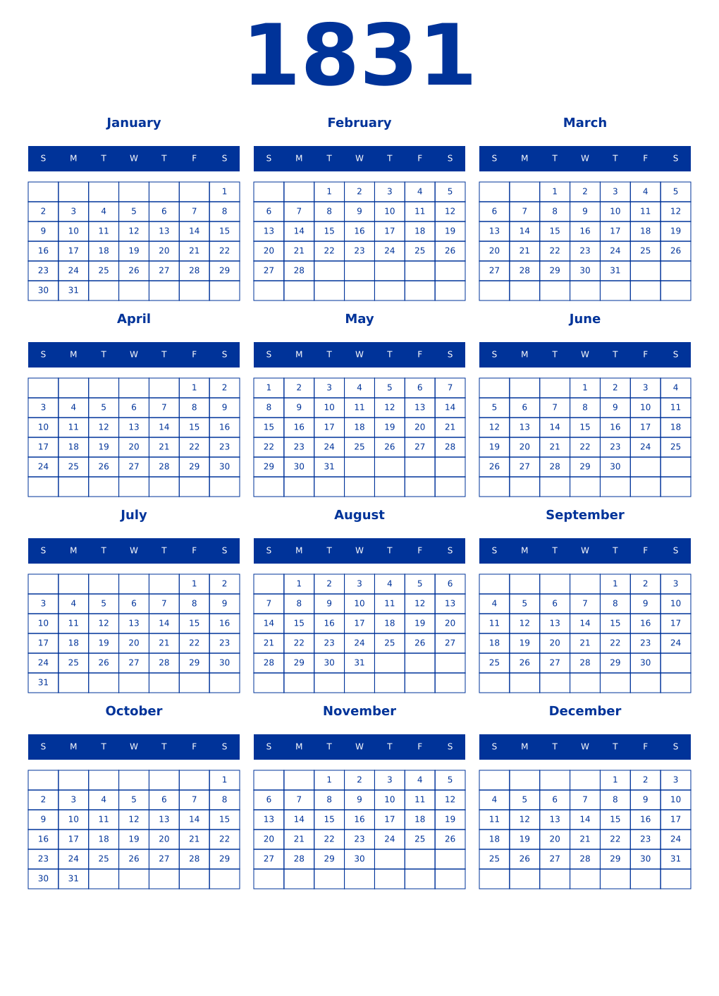 Printable 1831 Year Calendars smalt