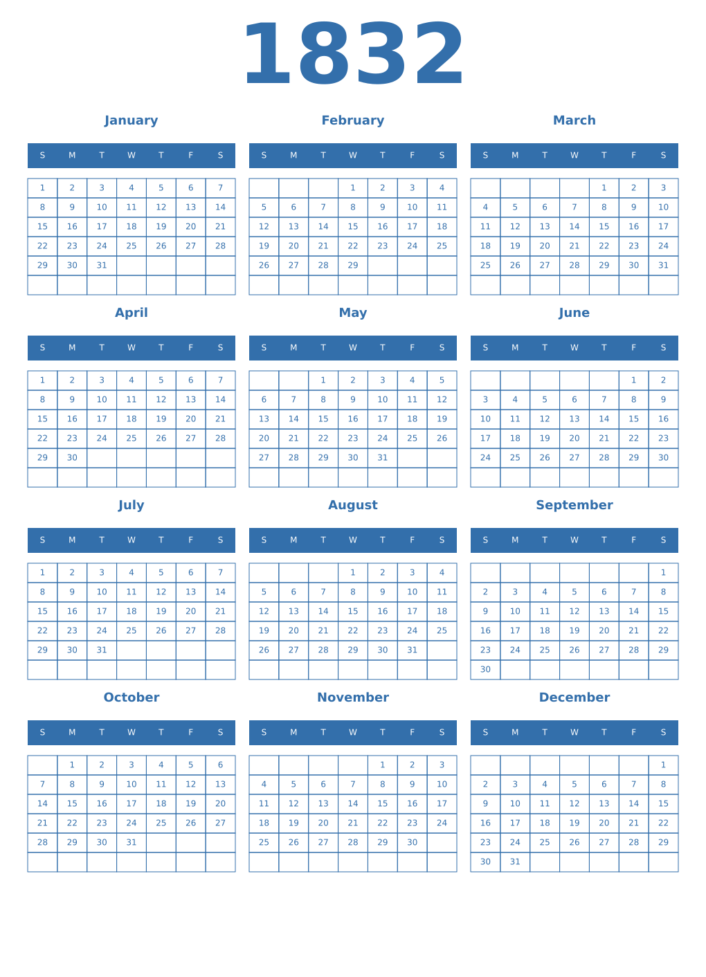 Printable 1832 Year Calendars blue