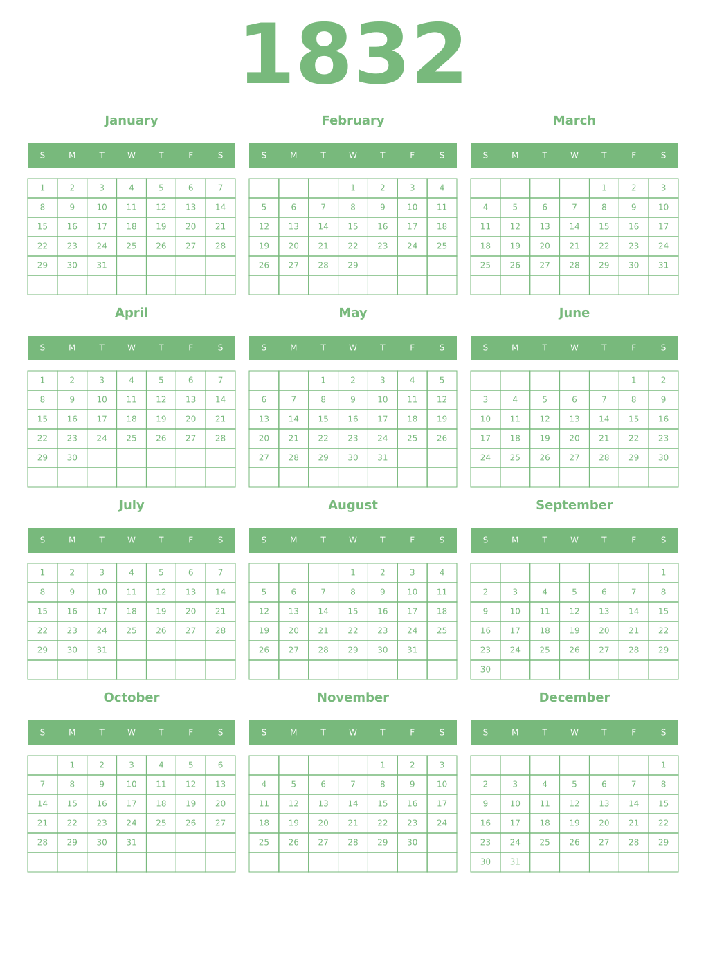 Printable 1832 Year Calendars celadon