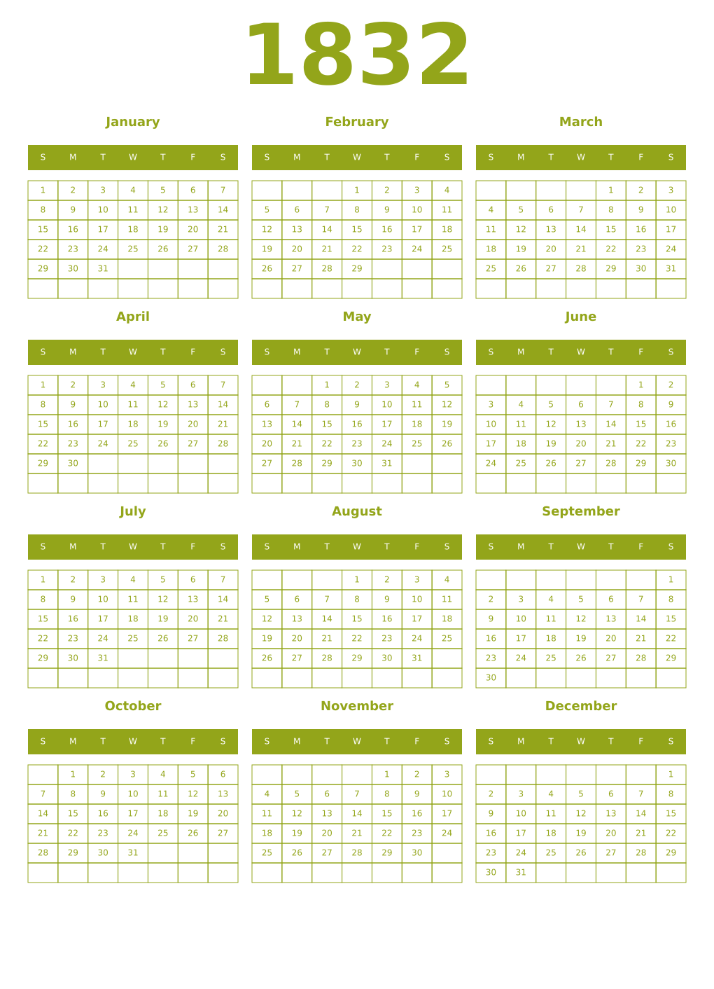 Printable 1832 Year Calendars chartreuse