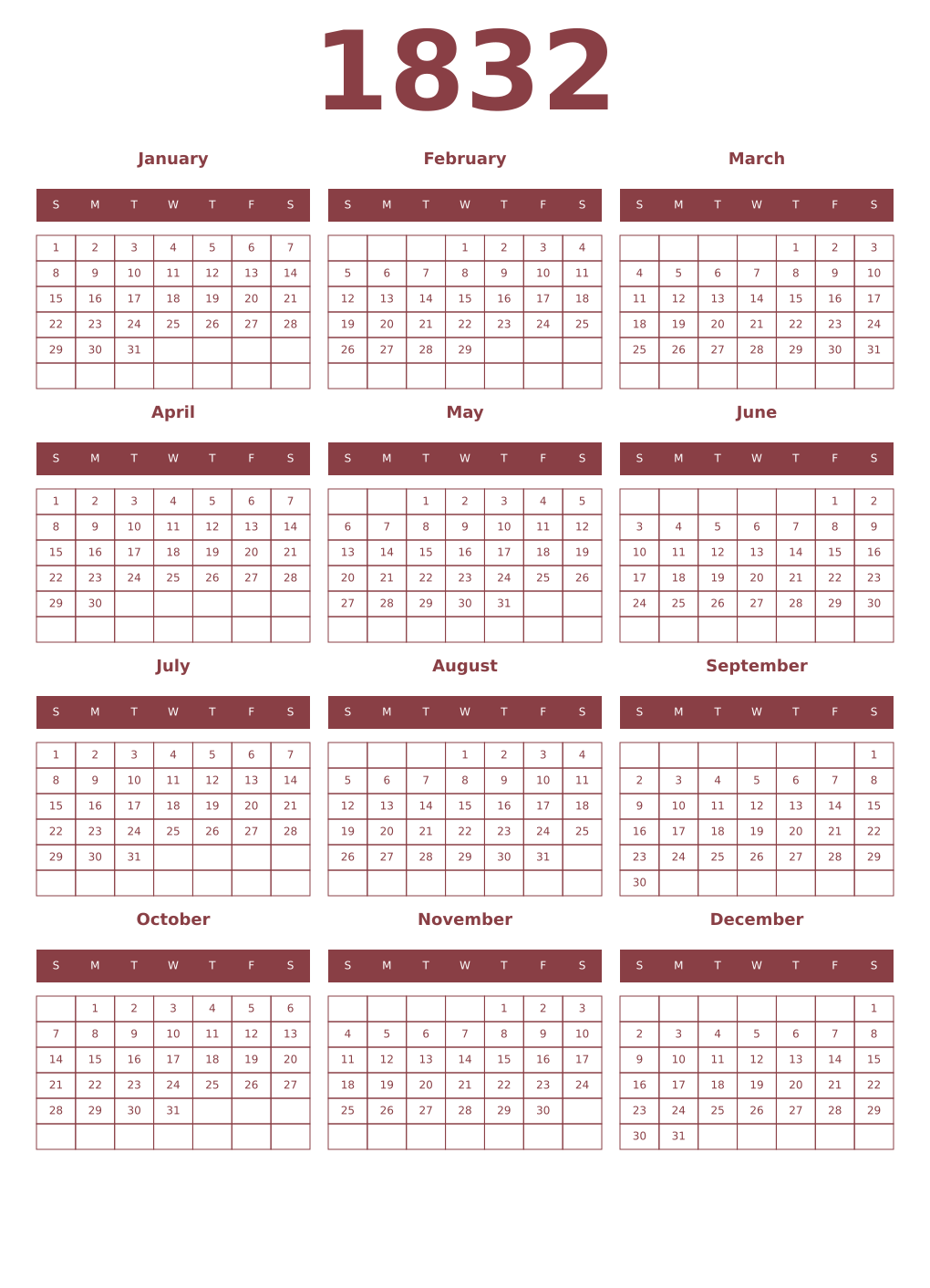 Printable 1832 Year Calendars cordovan