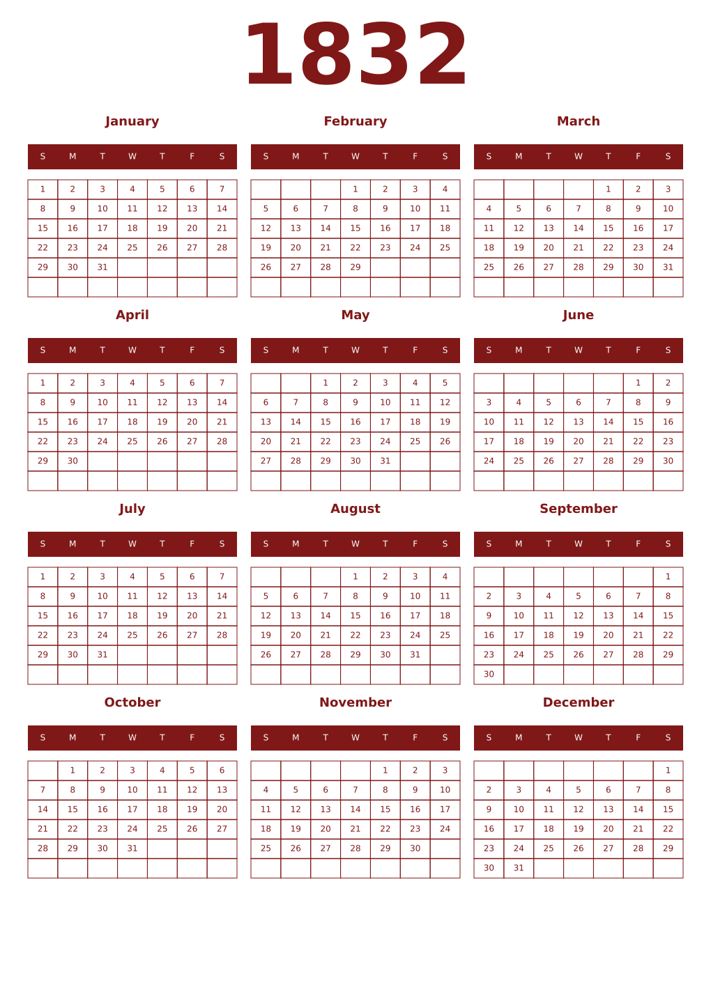 Printable 1832 Year Calendars falu